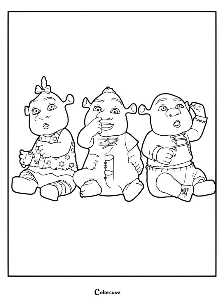 The Shrek Babies sitting together in a row, a printable coloring page featuring Felicia, Farkle, and Fergus.