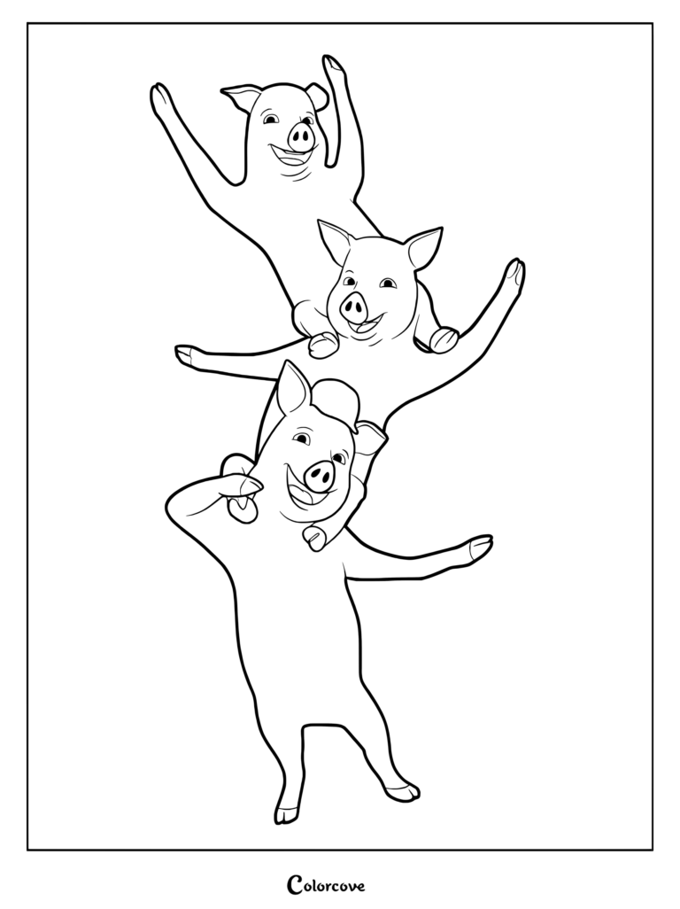 The Three Little Pigs from Shrek stacked on top of each other in a playful tower formation, printable coloring page.