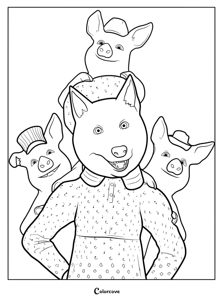 Big Bad Wolf in a nightgown and bonnet with the Three Little Pigs in a printable coloring page.