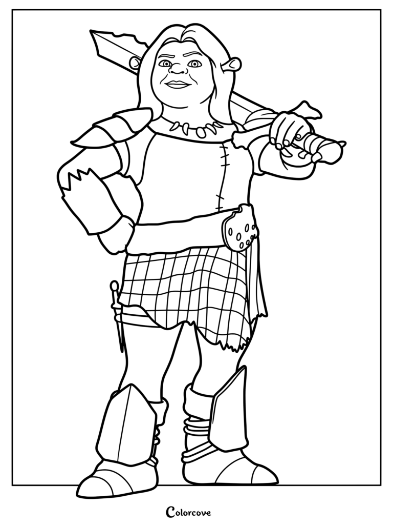 Princess Fiona from Shrek Forever After wearing practical warrior armor and a plaid skirt, holding a sword over her shoulder in this printable coloring page.