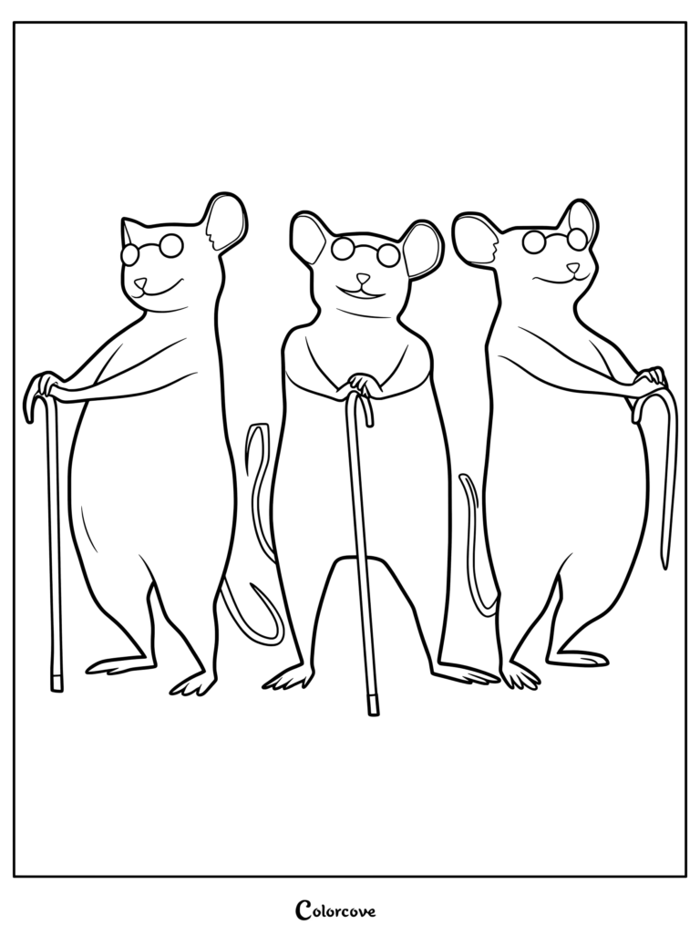 The Three Blind Mice from Shrek standing side by side with canes and glasses in a printable coloring page.