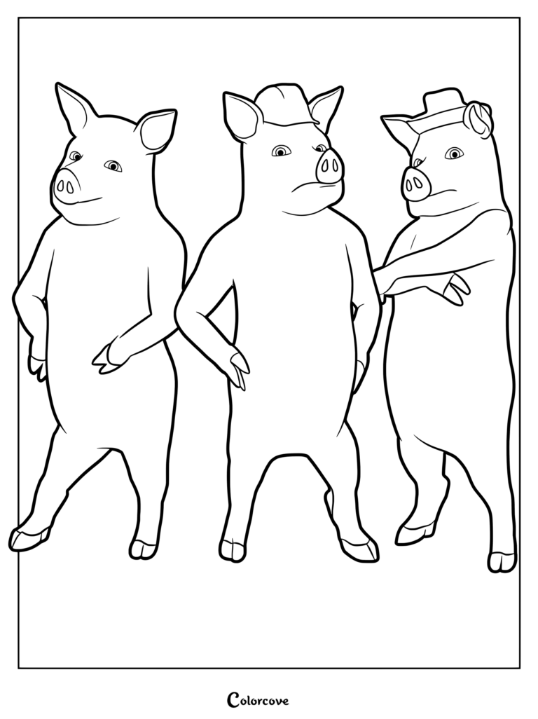 The Three Little Pigs from Shrek standing together in a line art coloring page style.