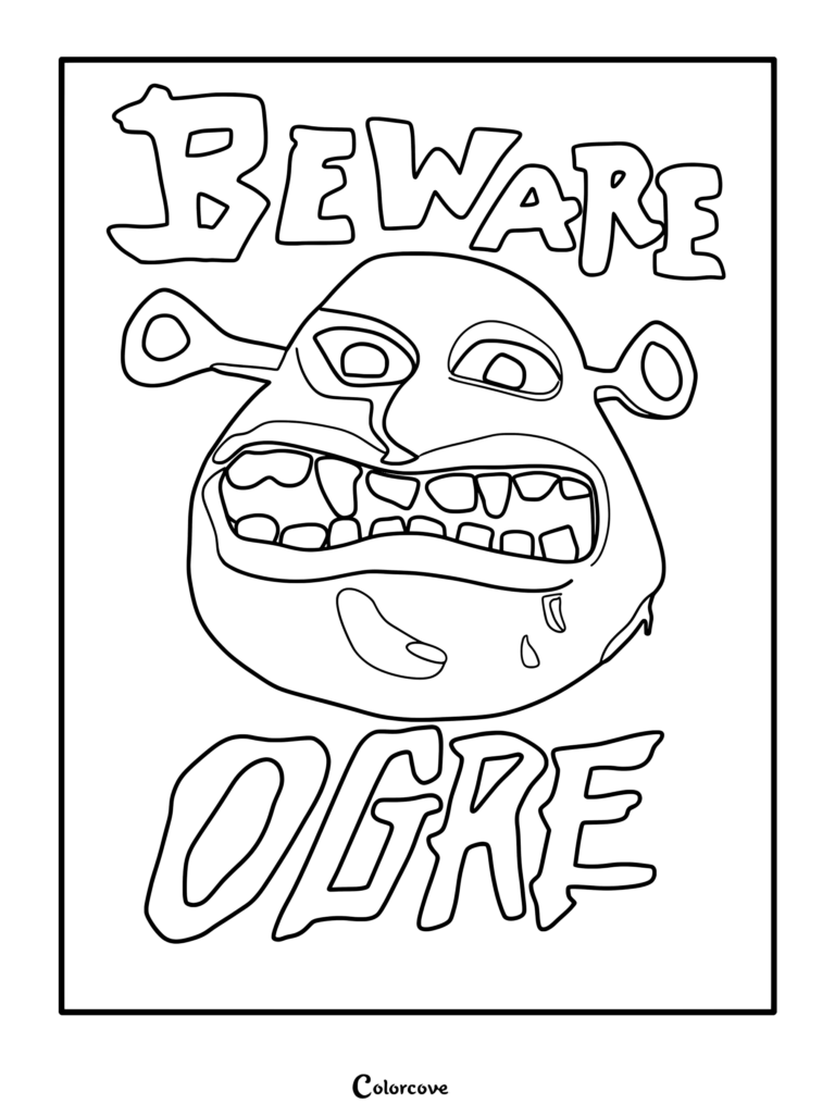 A printable coloring page featuring a close-up of Shrek with the text Beware Ogre above and below his face.