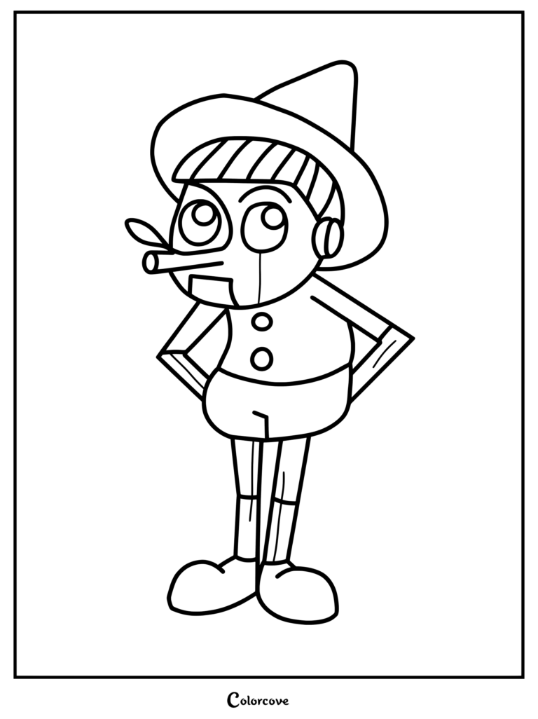 Pinocchio from Shrek wearing his signature hat and shorts in a simple line art coloring page style.
