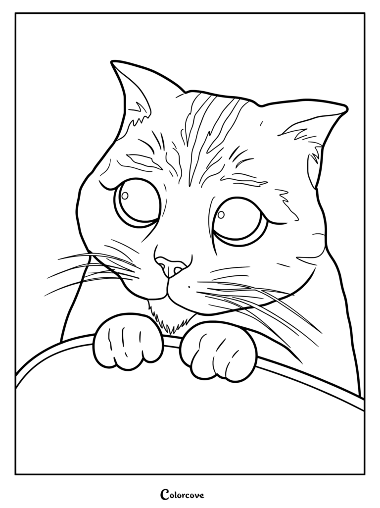 A cute Puss in Boots coloring page featuring the character with large expressive eyes resting his paws on a ledge.