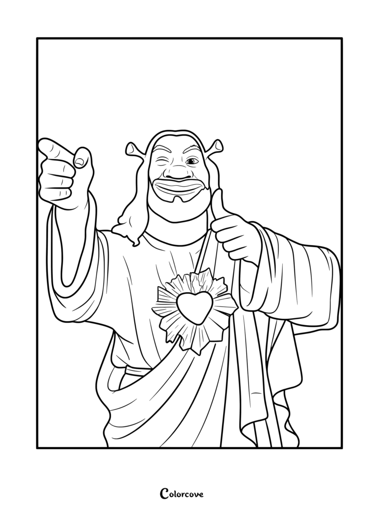 A printable coloring page featuring Shrek dressed as Jesus, winking and giving a thumbs up.