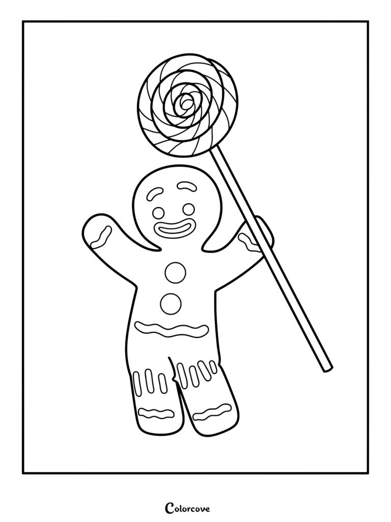 Gingy from Shrek holding a large rainbow lollipop in this printable coloring page.