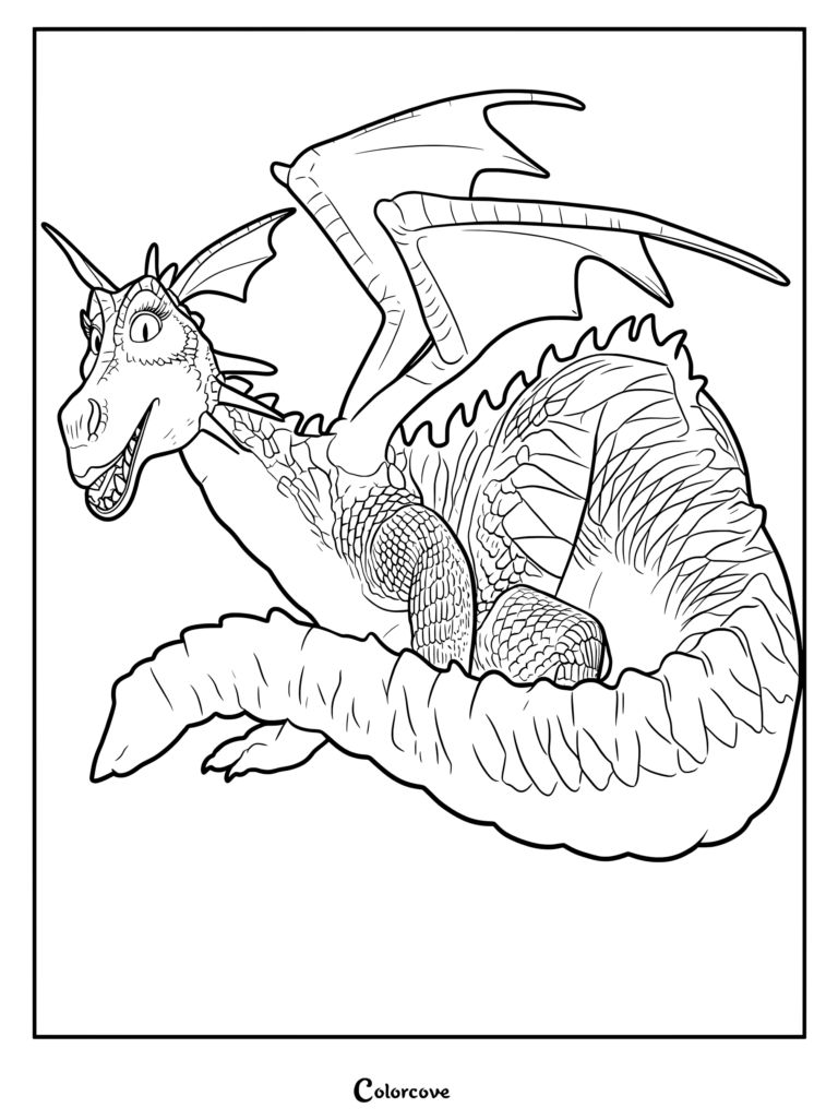 Dragon from Shrek with long eyelashes and large wings in a detailed line art coloring page.