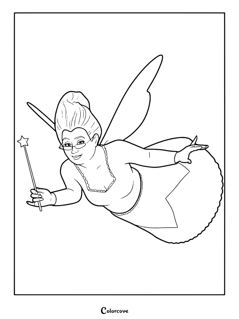 Fairy Godmother from Shrek holding a star-tipped magic wand while flying, printable coloring page.