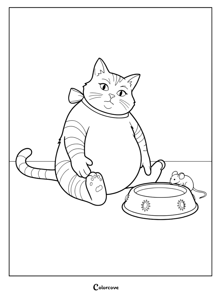 A printable coloring page featuring a very round, overweight Puss in Boots sitting next to a small mouse and a food bowl.