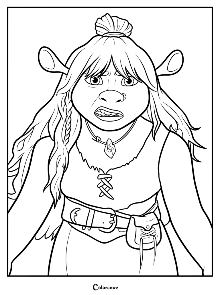Felicia from Shrek with a top knot hairstyle, wearing a crystal necklace and a belt with a pouch, detailed line art coloring page.