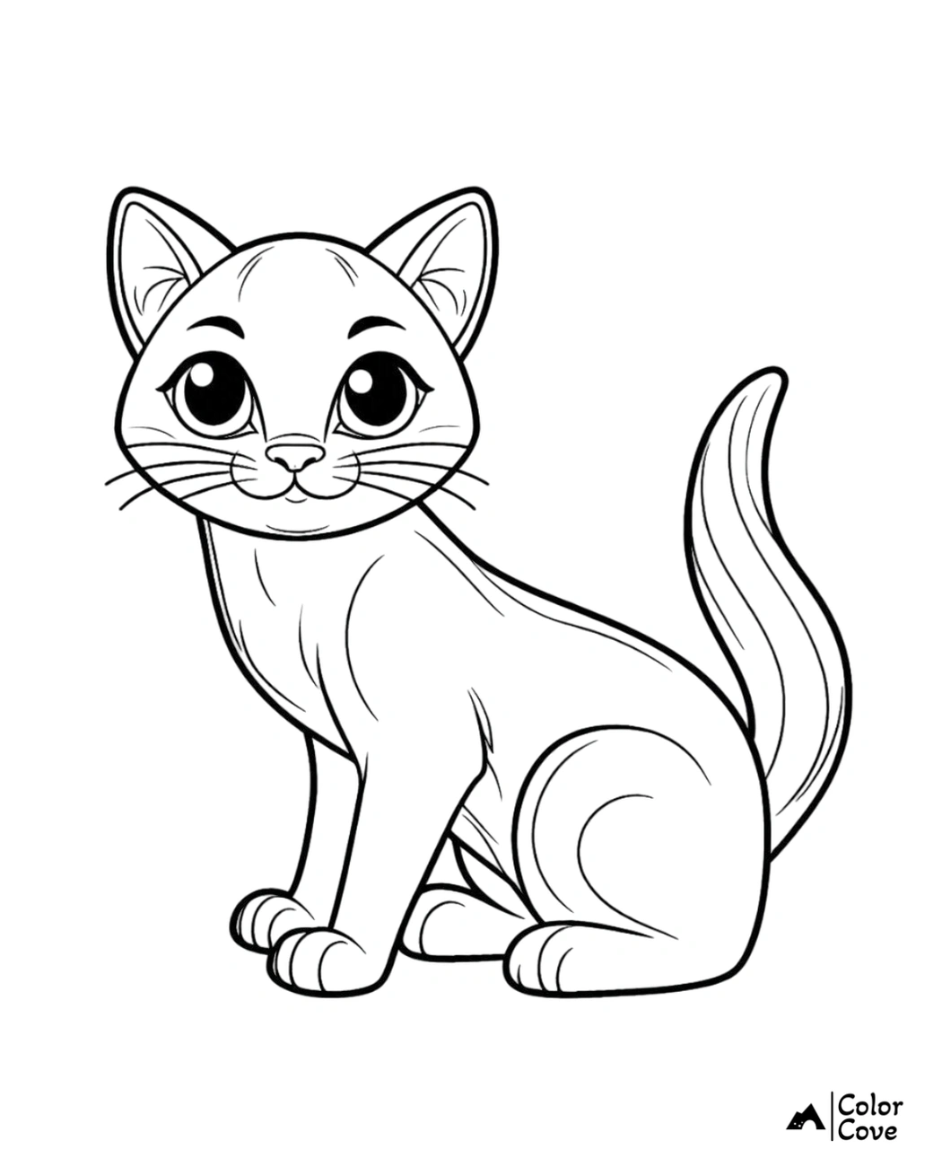 Cute kitten coloring page for kids, featuring a sitting cat with big eyes and a cheerful expression. Perfect for children's activities.