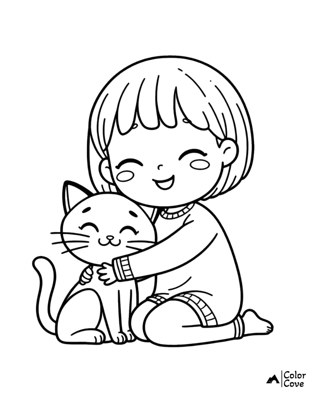 Child hugging a smiling cat, coloring page. Cute kid and happy cat outline drawing for kids' coloring activities.