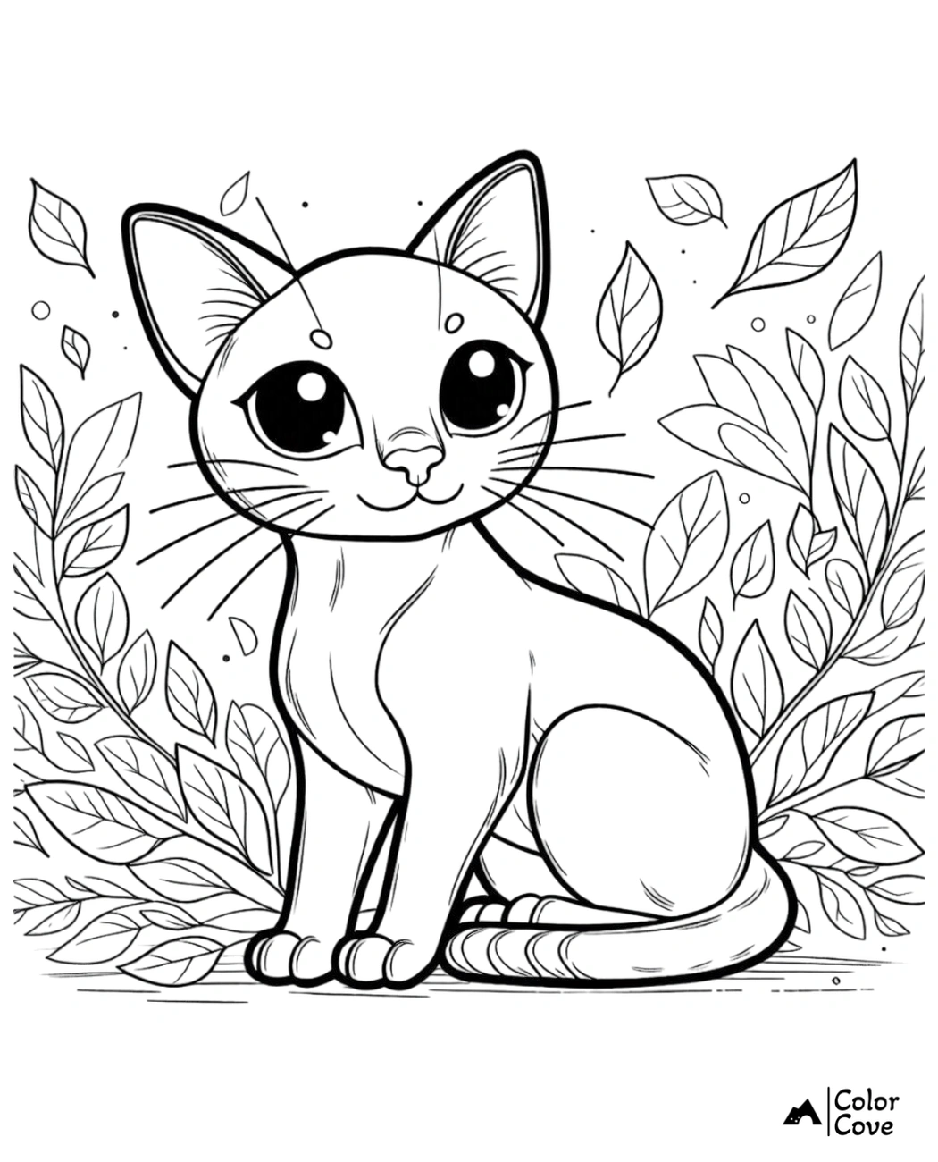 Cat coloring page with big eyes and leaves in the background from Color Cove.