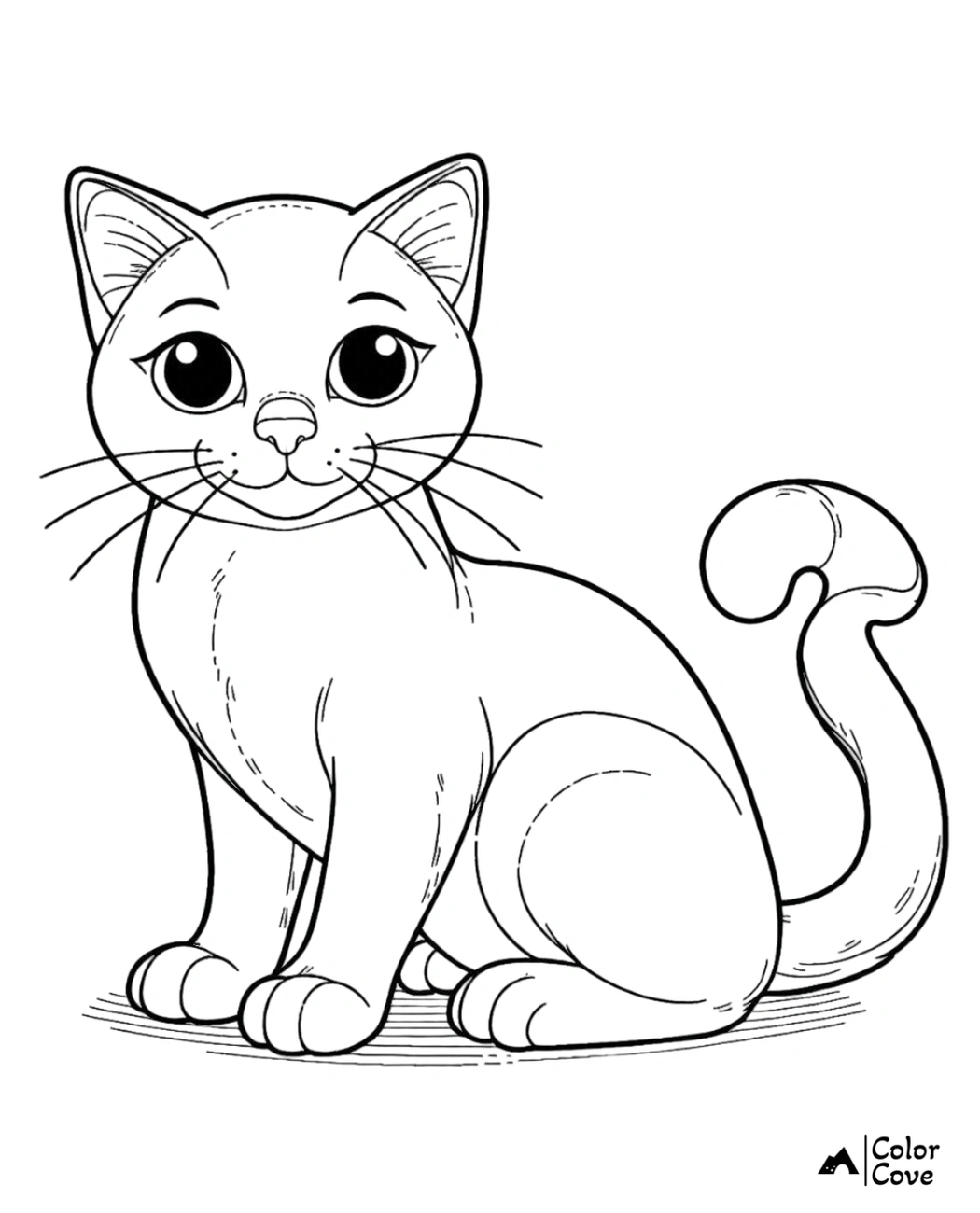 Cute cat coloring page for kids featuring a sitting cat with big eyes and a curly tail. Fun printable activity.