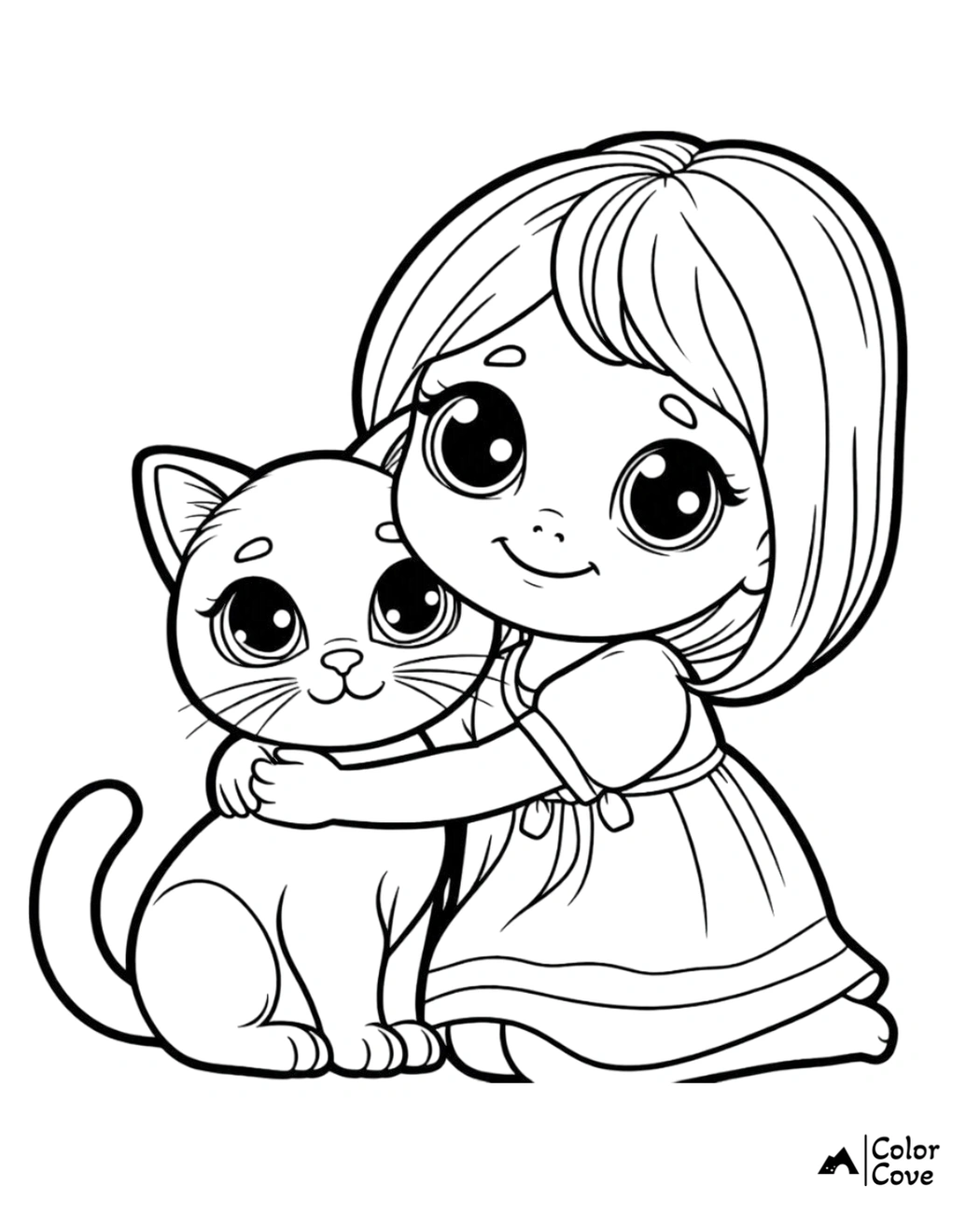 Cute coloring page of a girl hugging a cat, both with big eyes. Perfect for kids' activities and adorable crafts.