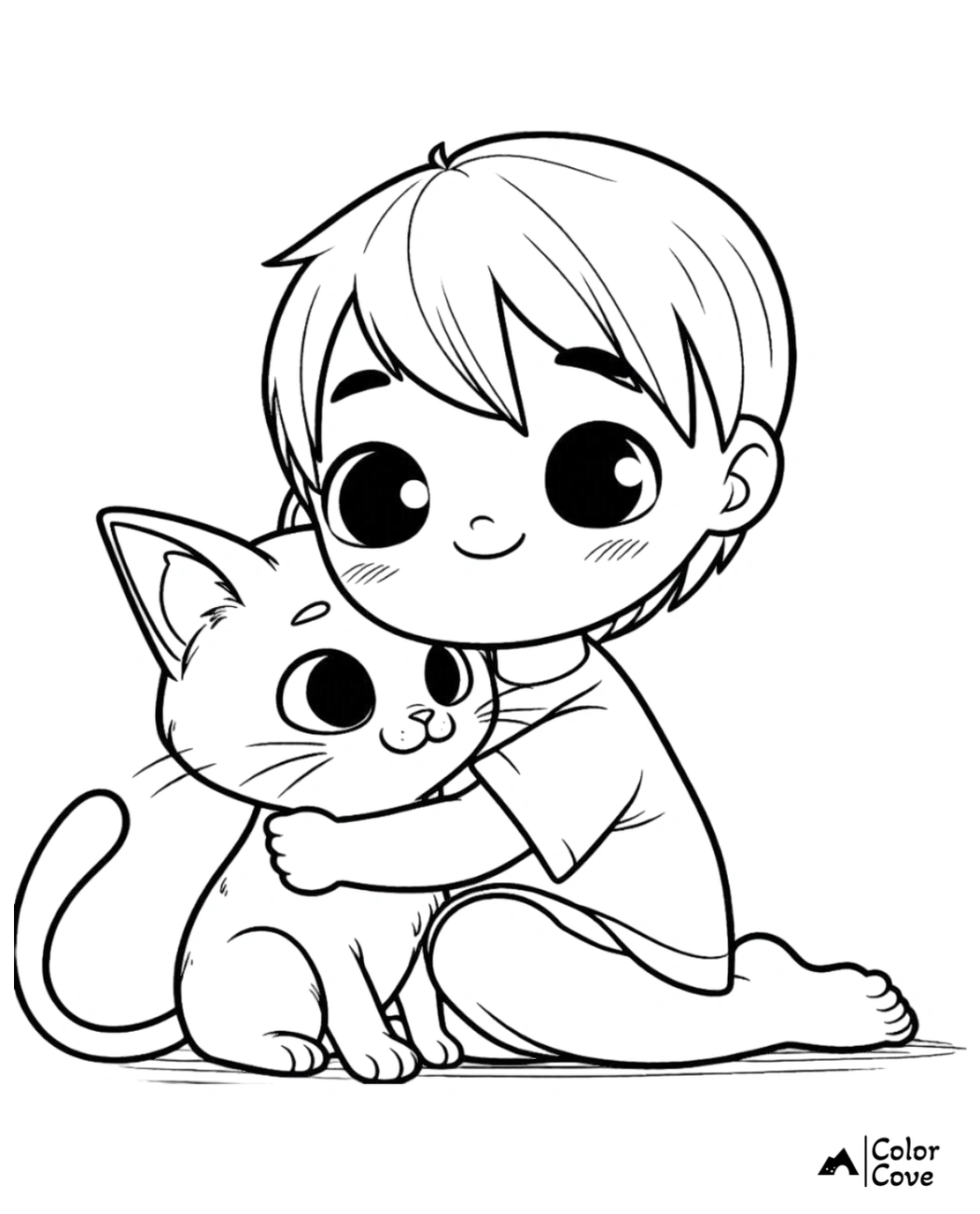 Boy hugging a cute kitten coloring page | Printable kids' coloring sheet | Adorable cartoon boy and cat | Color Cove