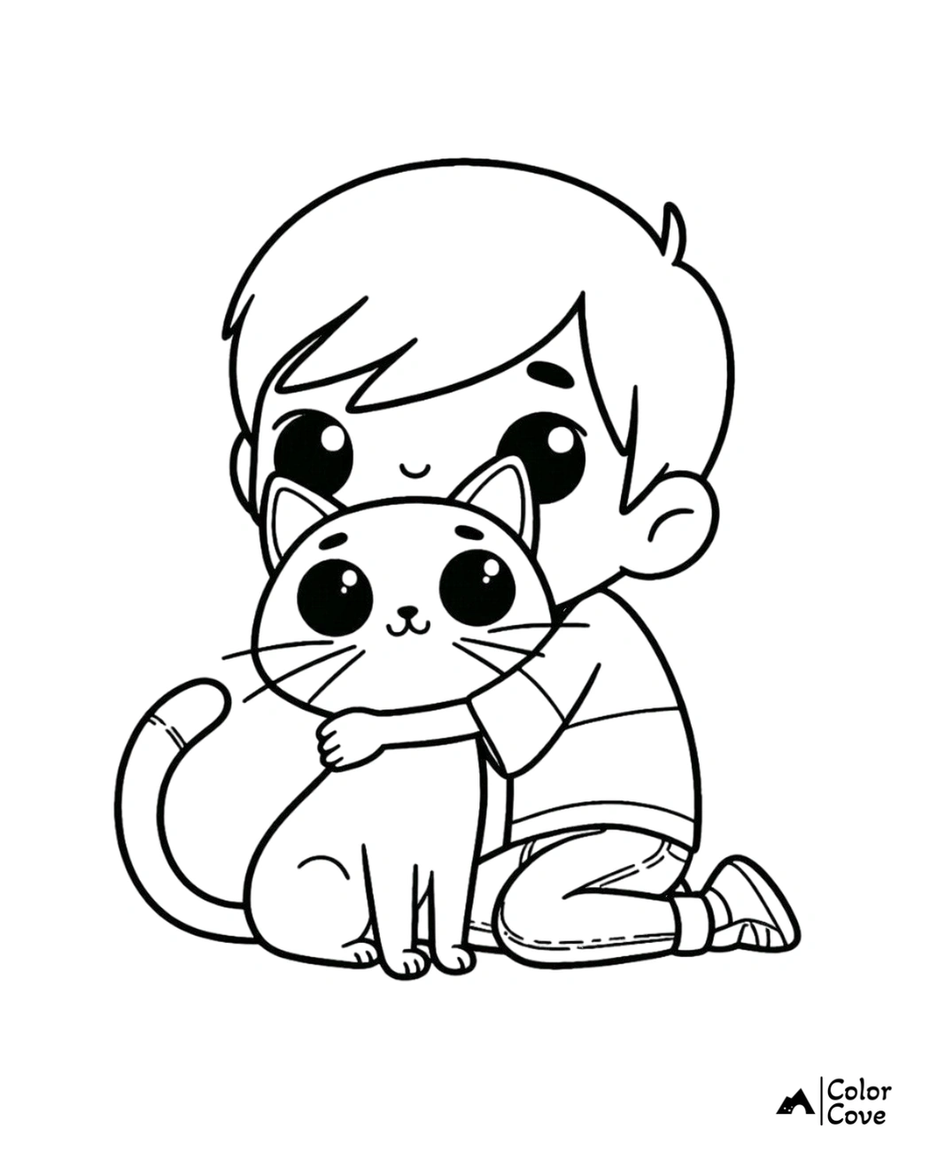 Cute kid hugging a cat coloring page | Adorable child with pet cat illustration for coloring.