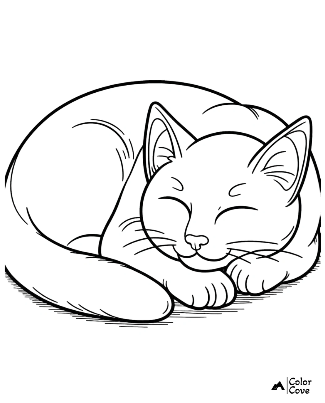 Cat coloring page featuring a peaceful sleeping cat. Printable kitten drawing for kids and adults to color.