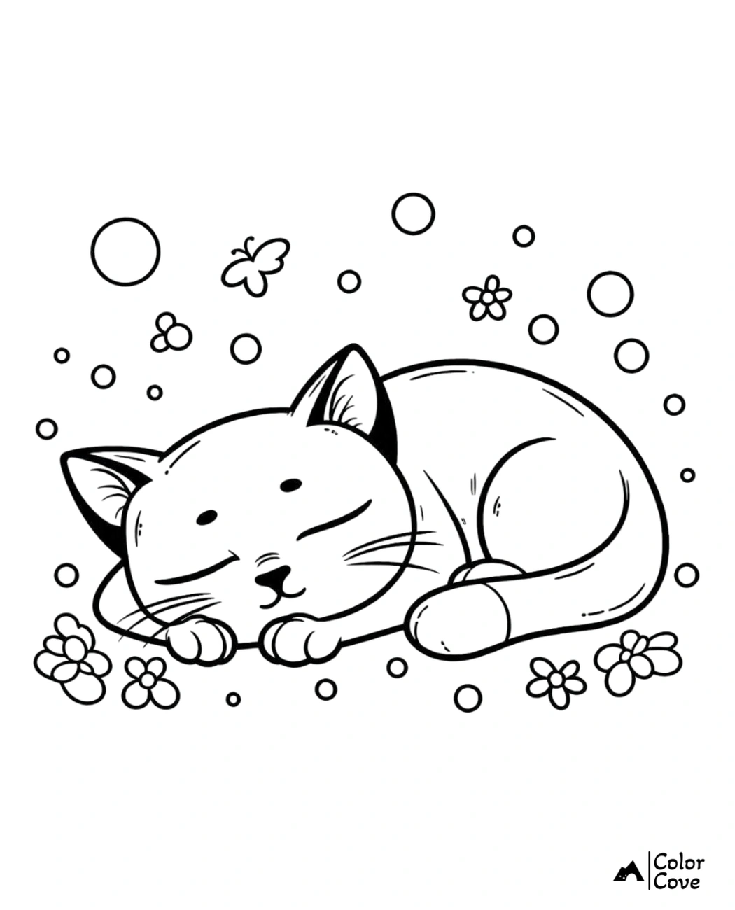 Coloring page of a cute sleeping cat surrounded by flowers and bubbles. Ideal for kids' art and relaxation activities.