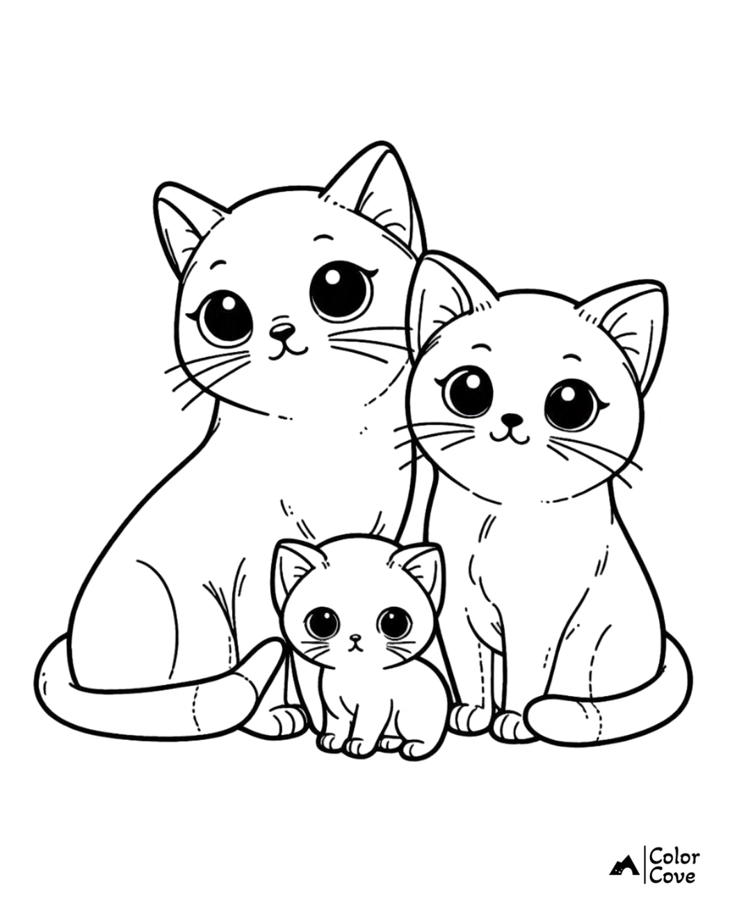 Cute cat family coloring page with adult cats and a kitten, perfect for kids and animal lovers. Printable activity.