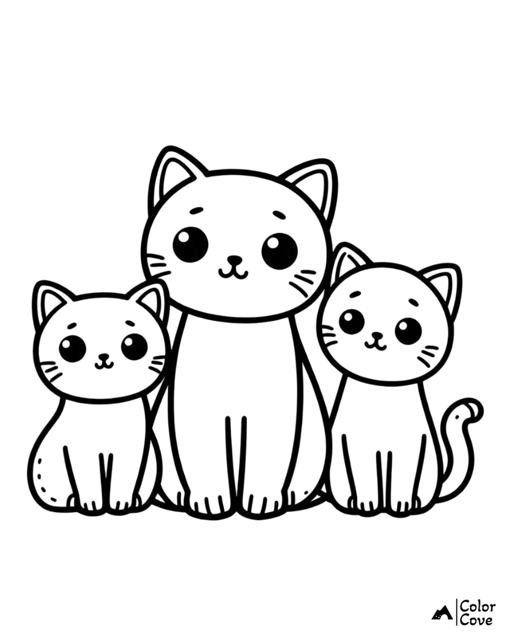 Three adorable kittens sitting side by side, black and white coloring page from ColorCove, perfect for kids and cat lovers.