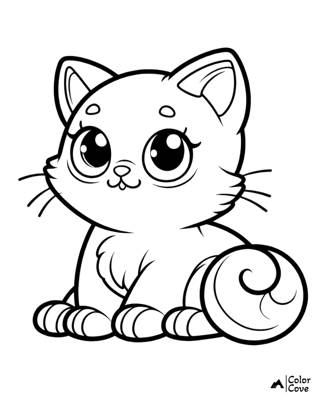 Adorable kitten coloring page for kids, featuring a cute, big-eyed cat with an expressive face and curled tail.