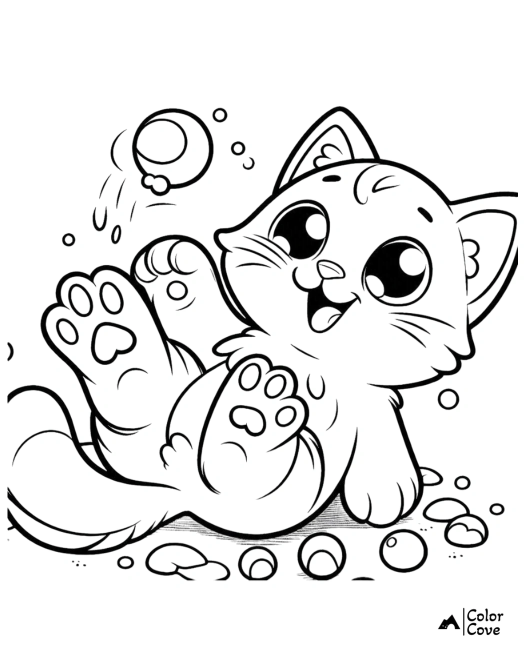 Cute kitten coloring page with playful bubbles, perfect for kids' fun activities and art projects from Color Cove.