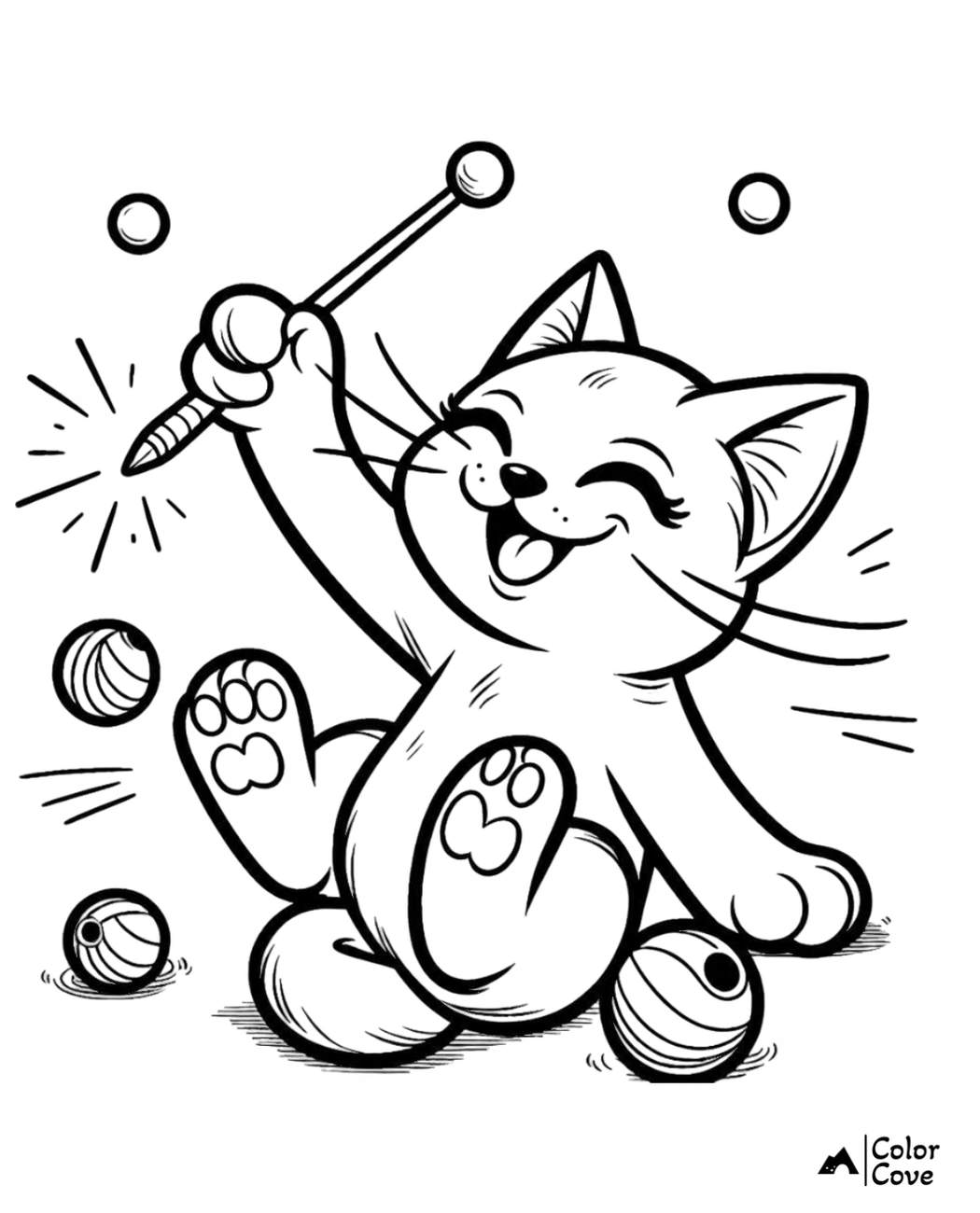 Happy kitten playing with yarn balls and a knitting needle coloring page. Perfect for kids' art activities.