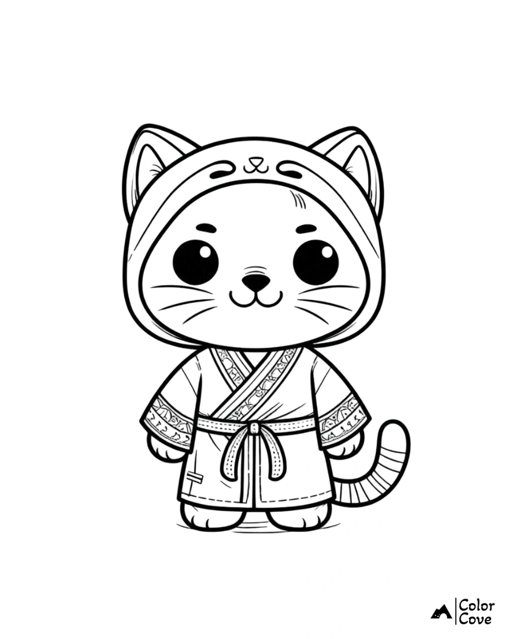 Adorable cat in traditional outfit coloring page for kids, Printable cute feline coloring sheet, Fun activity for children.