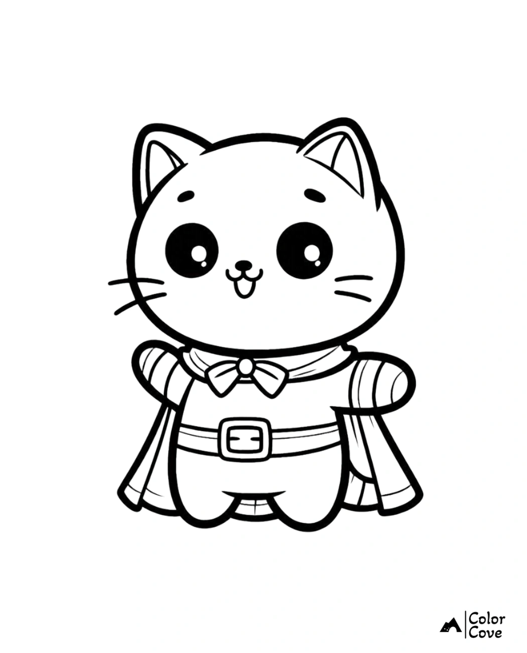 Adorable superhero cat coloring page with cape and belt, perfect for kids to color and enjoy. Download and print.