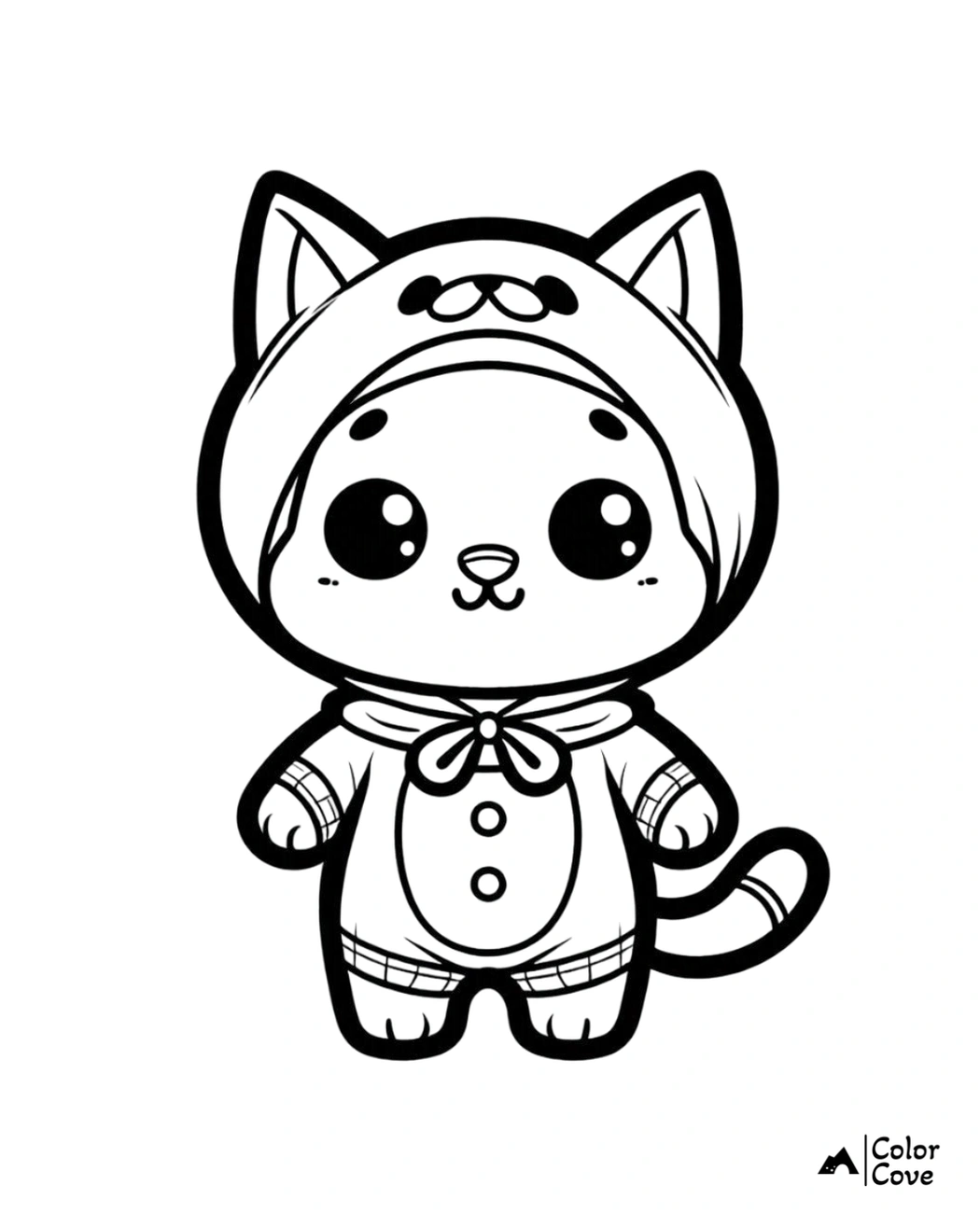 Cute cat coloring page for kids featuring a kitten in an adorable costume. Printable and fun activity for children.