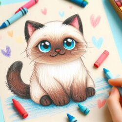 Coloring page featuring a cute cat with blue eyes and a fluffy tail, surrounded by crayons and colorful hearts.