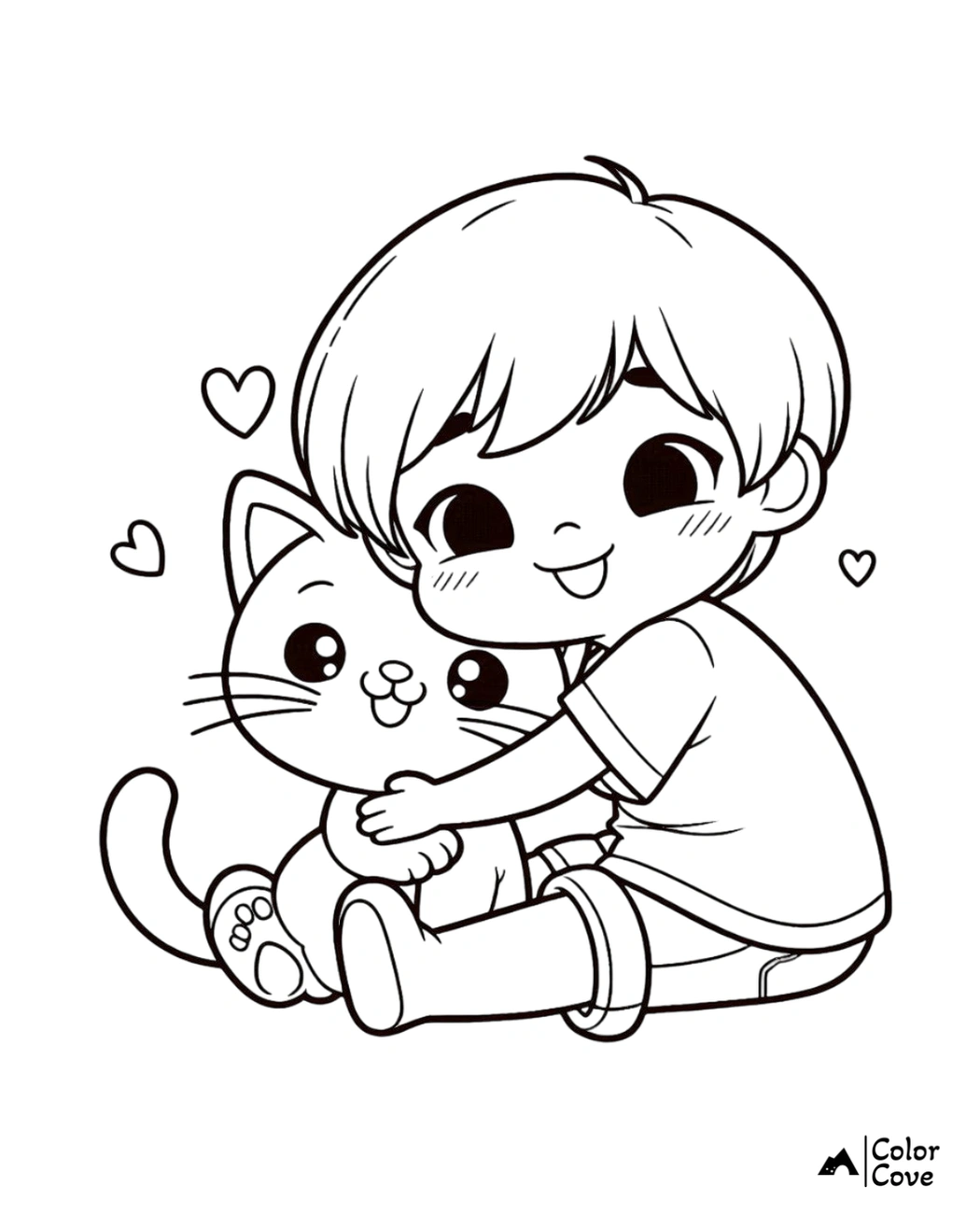 Cute Coloring Page of a Boy Hugging a Cat, Perfect for Kids' Fun and Creativity. Adorable Cat and Child Illustration.