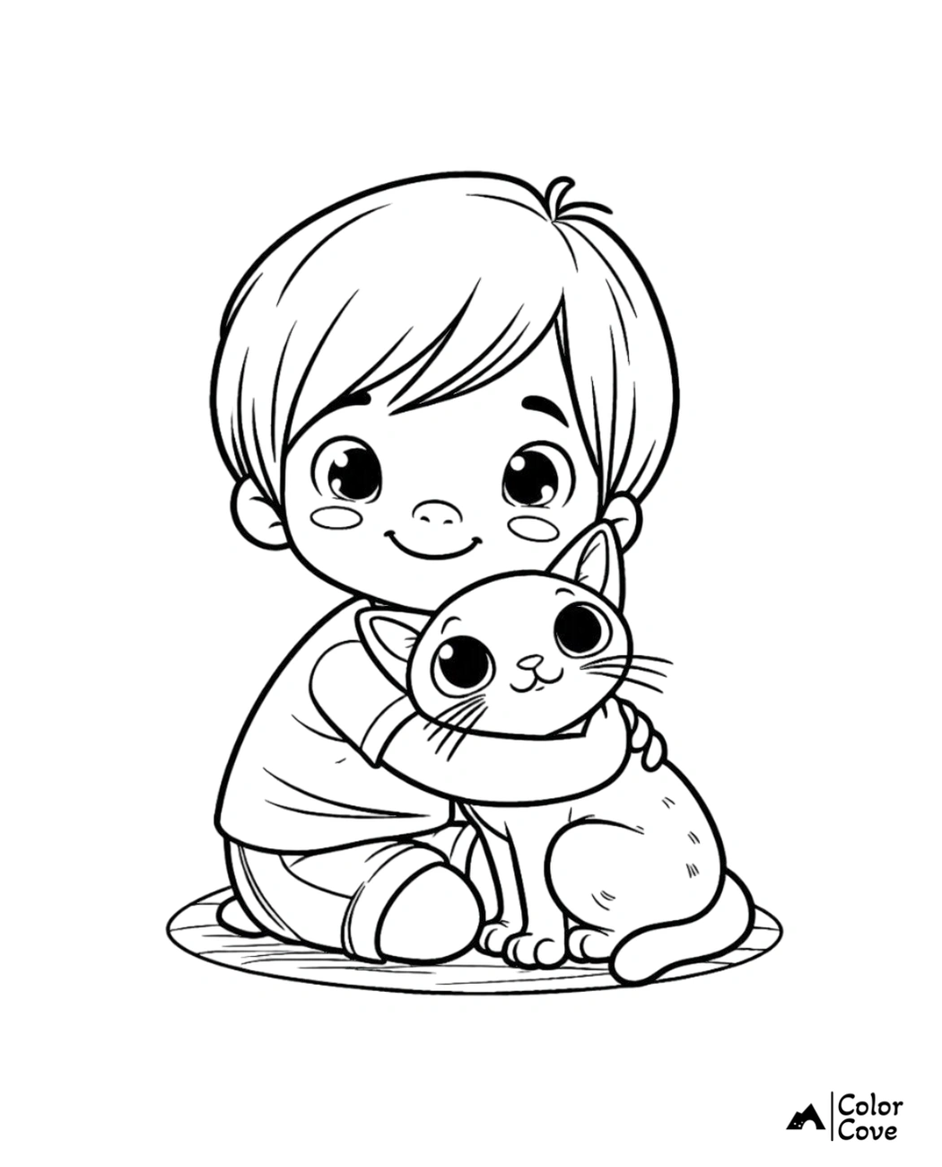 Cute child hugging a kitten coloring page. Fun and adorable coloring activity for kids. Download and print free at Color Cove.