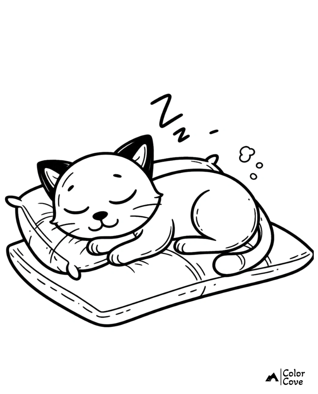 Coloring page of a cute kitten sleeping on a pillow, perfect for kids' relaxation and creativity. Printable cat coloring sheet.