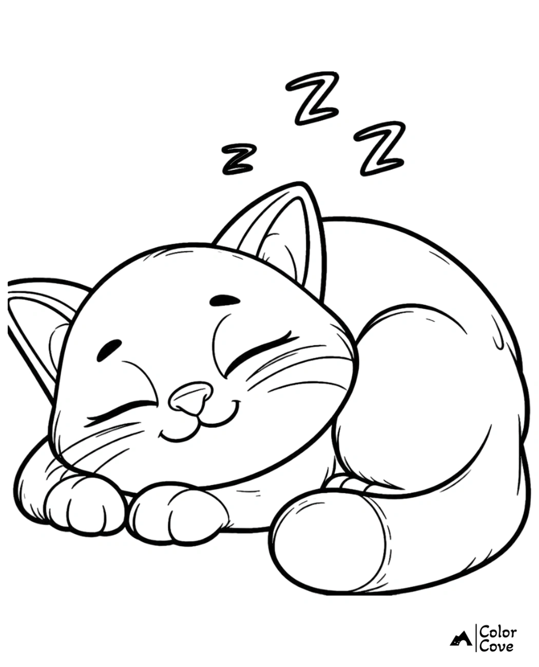 Cute sleeping cat coloring page for kids with a smiling cat and three Z's above its head.