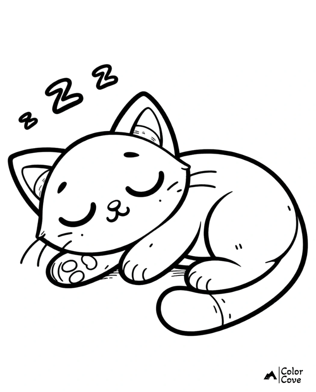 Adorable sleeping cat coloring page, printable for kids. Cute kitten with closed eyes, perfect for children to color.