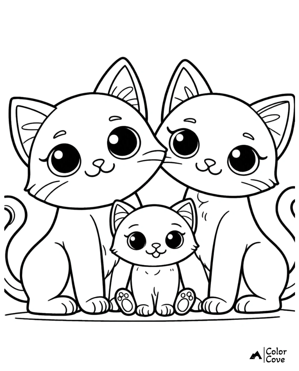 Cute Kittens Coloring Page - Family of Three Adorable Cats for Kids to Color and Enjoy - Free Printable Download