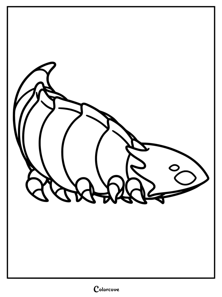 A printable coloring page featuring the Bell Beast from Hollow Knight: Silksong, shown as a segmented, armored creature with thick chitinous plates, small sharp claws, and a distinctive rounded head design.