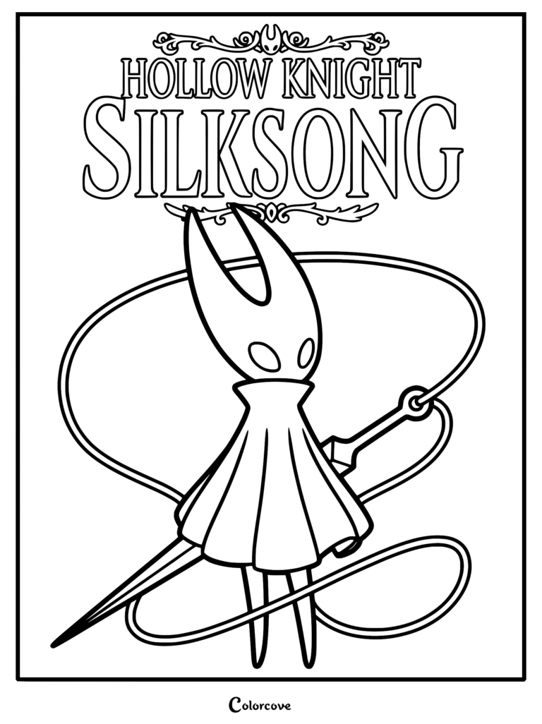 Hornet standing beneath the Hollow Knight Silksong logo, holding her signature needle and thread, detailed line art coloring page for fans.