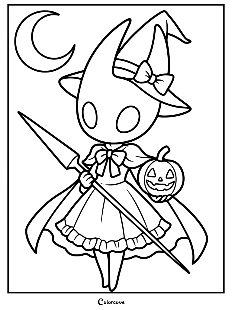 A cute coloring page of Hornet from Hollow Knight: Silksong wearing a witch hat and holding a jack-o'-lantern, complete with a flowing cape, her signature needle, and a crescent moon in the background.