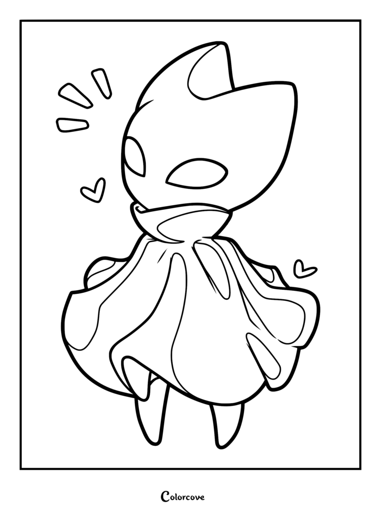 A cute chibi-style Hornet coloring page from Hollow Knight: Silksong, featuring the princess-protector in her iconic cloak surrounded by floating hearts and simple line art elements.