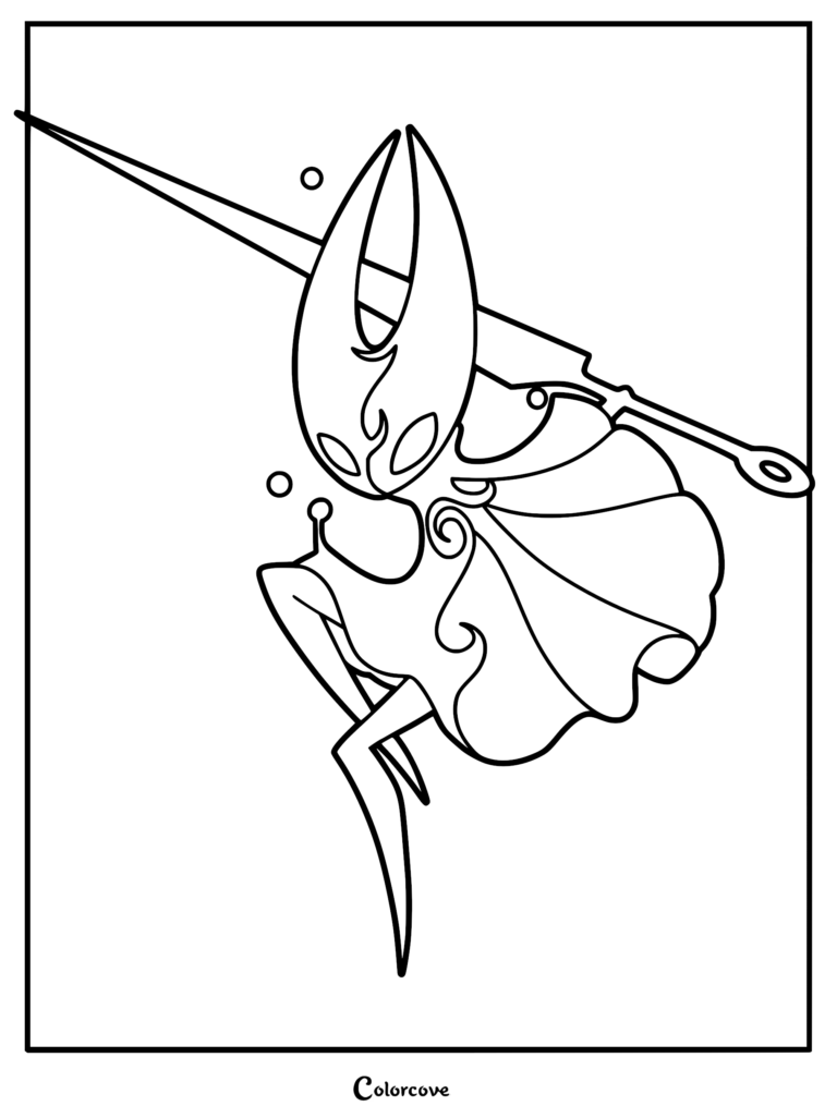 A detailed coloring page of Hornet from Hollow Knight: Silksong, showcasing her mid-air in an acrobatic pose while wielding her signature needle weapon with her cloak flowing behind her.