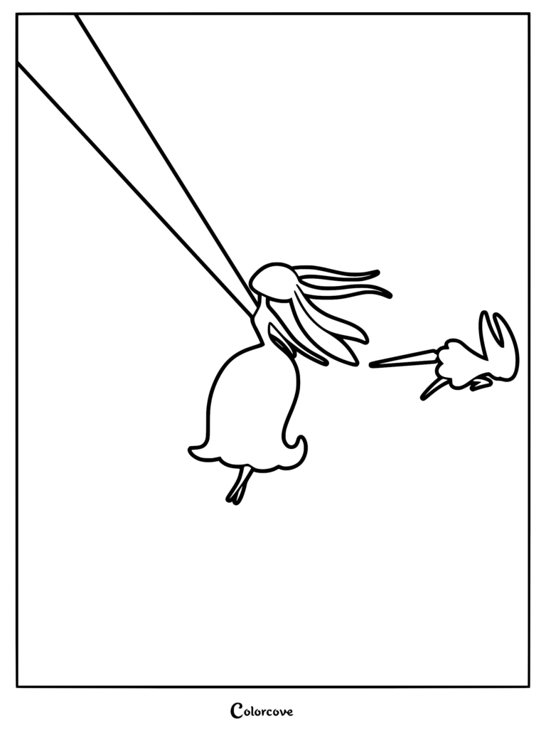 A minimalist black and white line art coloring page featuring Hornet from Silksong interacting with a floating heart-like figure named Karmelita.