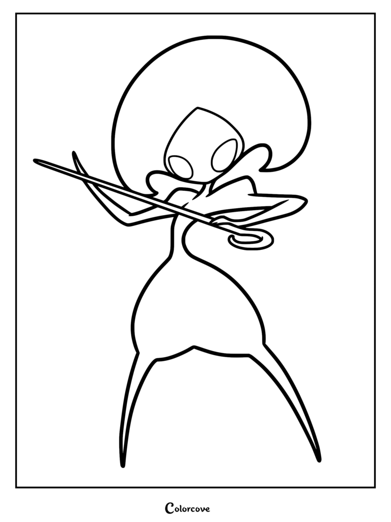 A detailed line art coloring page of Lace from Hollow Knight: Silksong, featuring the manic fencer holding her signature longpin weapon in a dynamic combat stance.