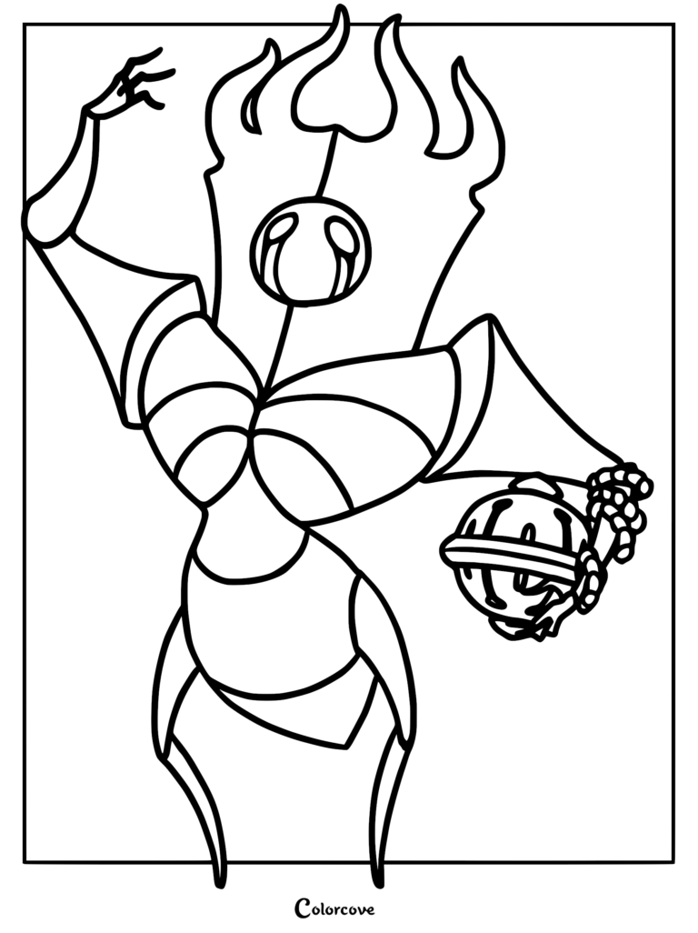 Line art coloring page featuring the Last Judge boss from Silksong, standing tall with a large flaming head crest, ornate segmented armor, and holding a bell-like object in one hand.
