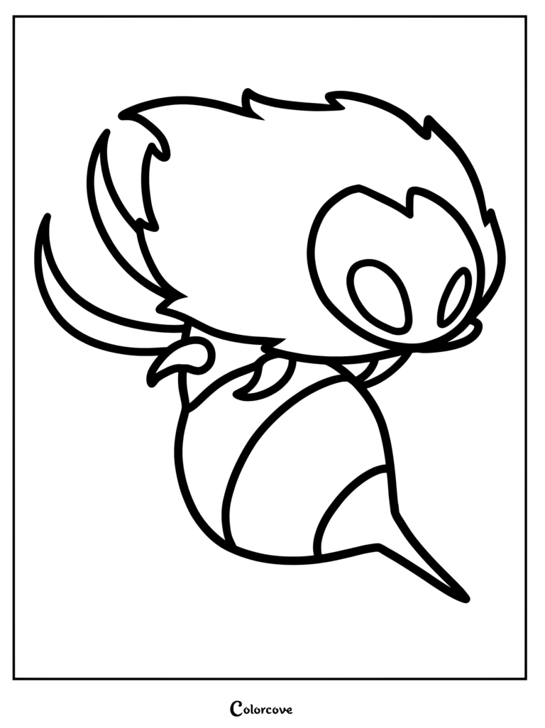 A printable coloring page featuring the Moss Mother from Hollow Knight: Silksong, showing her leafy head, stinger, and round striped body in bold line art.