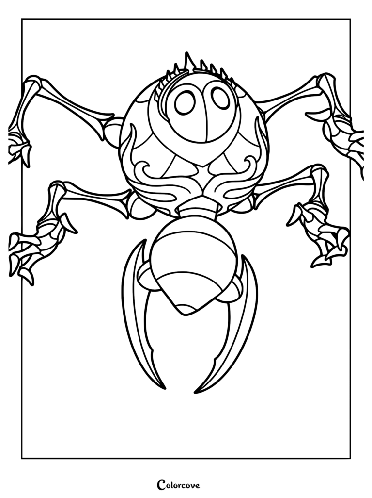 Detailed line art coloring page of the Fourth Chorus boss from Hollow Knight: Silksong, featuring its segmented spherical body, spiky top crest, and sharp pincer limbs.