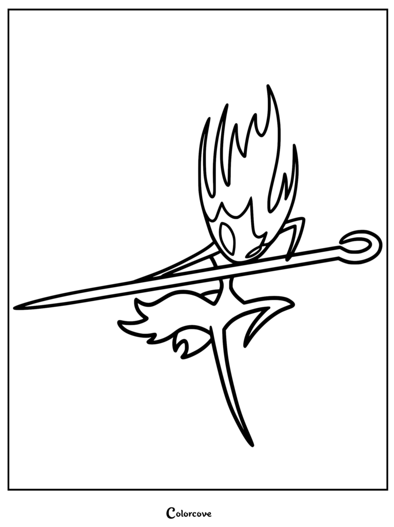 Printable coloring page featuring the Phantom from Hollow Knight: Silksong, a mournful creature with flame-like head spikes holding a longpin weapon.